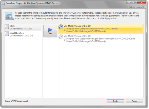The Search of Diagnostic Runtime System (MVCI-Server) dialog helps to browse all the available MVCI-Servers in a system drive and register for using