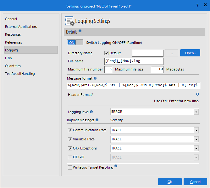 The Logging page allows for configuring how the log messages are recorded at runtime